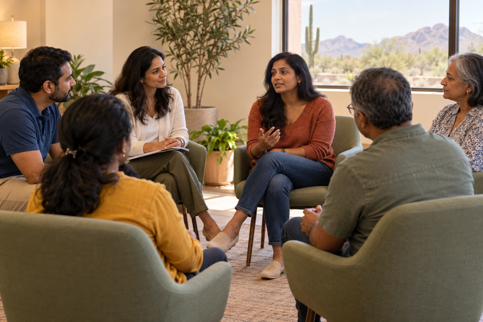 AI-generated illustration of Indian American adults in an Arizona-inspired group conversation